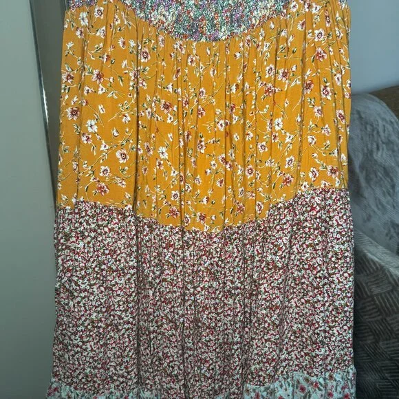 Natural Life Boho Floral Maxi Skirt Size XL Tiered Flowy Elastic Gold Red Beach - Picture 11 of 15